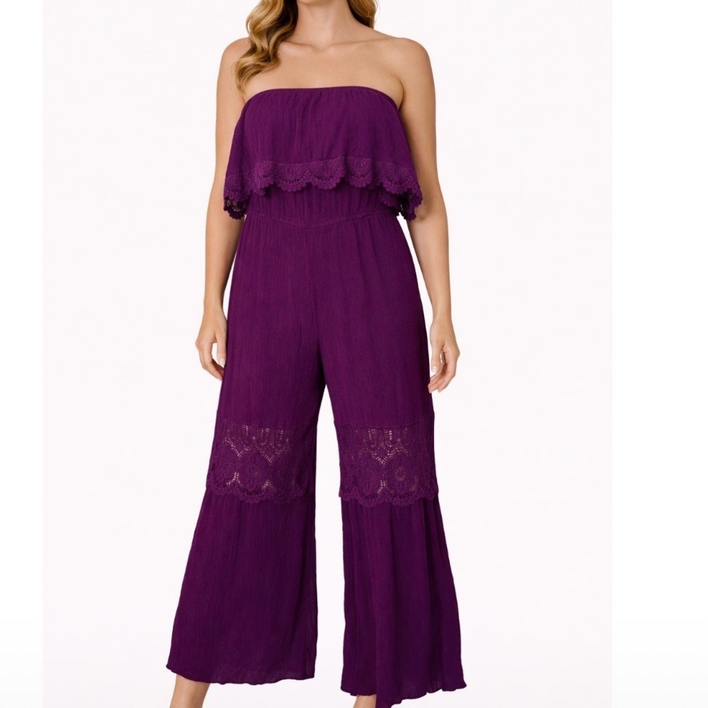 Eyeshadow jumpsuit romper Sleeveless One-Piece SZ M ruffle top wide leg purple